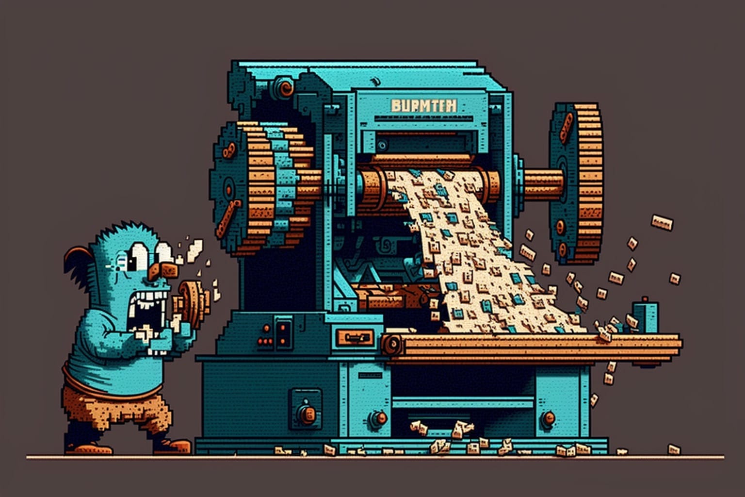 /imagine prompt: luddites destroying textile machines in pixel art style --ar 3:2