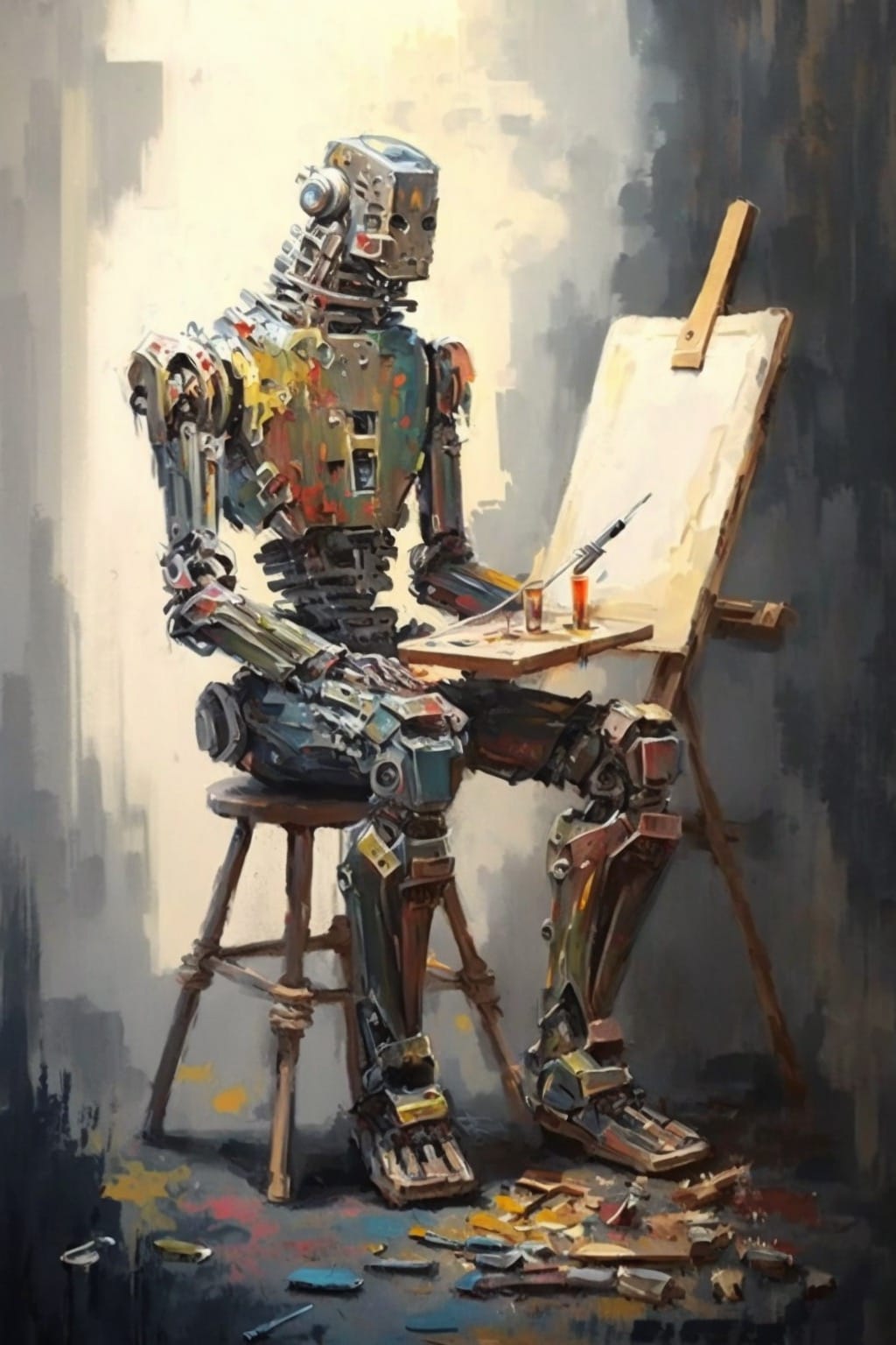 /imagine prompt: robot sitting on a stool painting a picture, full body, oil painting --ar 2:3